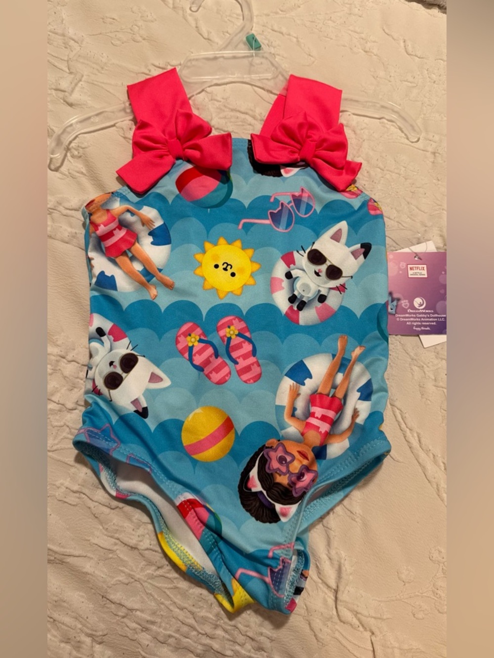 New Girls Blue Printed One-Piece Swimsuit with Pink Bow Straps